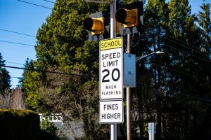 Posted school zone speed limit sign; speeding is motor vehicle violation that can lead to more serious charges under certain circumstances